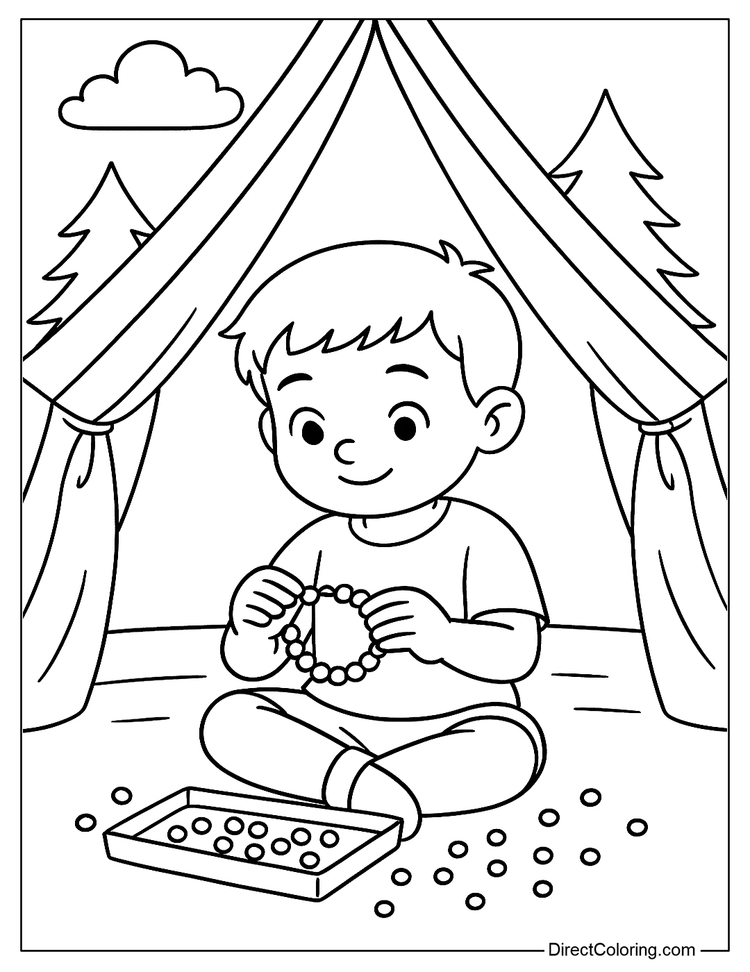 Coloring page of a kid making a beaded bracelet in a tent.